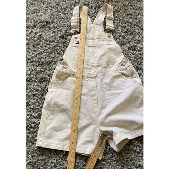 Tommy Hilfiger Y2K vtg 90’s off white LOGO Overalls Bibs Jean Shorts sz S - Picture 3 of 7